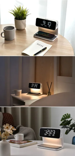 Lámpara de mesita de noche creativa 3 en 1, carga inalámbrica, pantalla  LCD, reloj despertador, cargador de teléfono inalámbrico para Iphone,  lámpara de reloj despertador inteligente - AliExpress