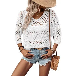 New Fashion Women's Casual Mid-Length Beach Cover-Up Breathable Sun Protection Shirt Hollow-Out Loose Knitted for Vacation Beach