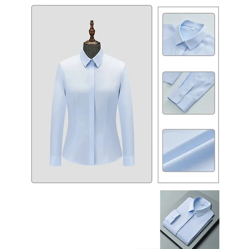 Light Blue Anti-Bacterial Non-Ironing Ladies Long Sleeved Regular Collar Pocket-Less Design Office Women's 100% Cotton Shirt supplier