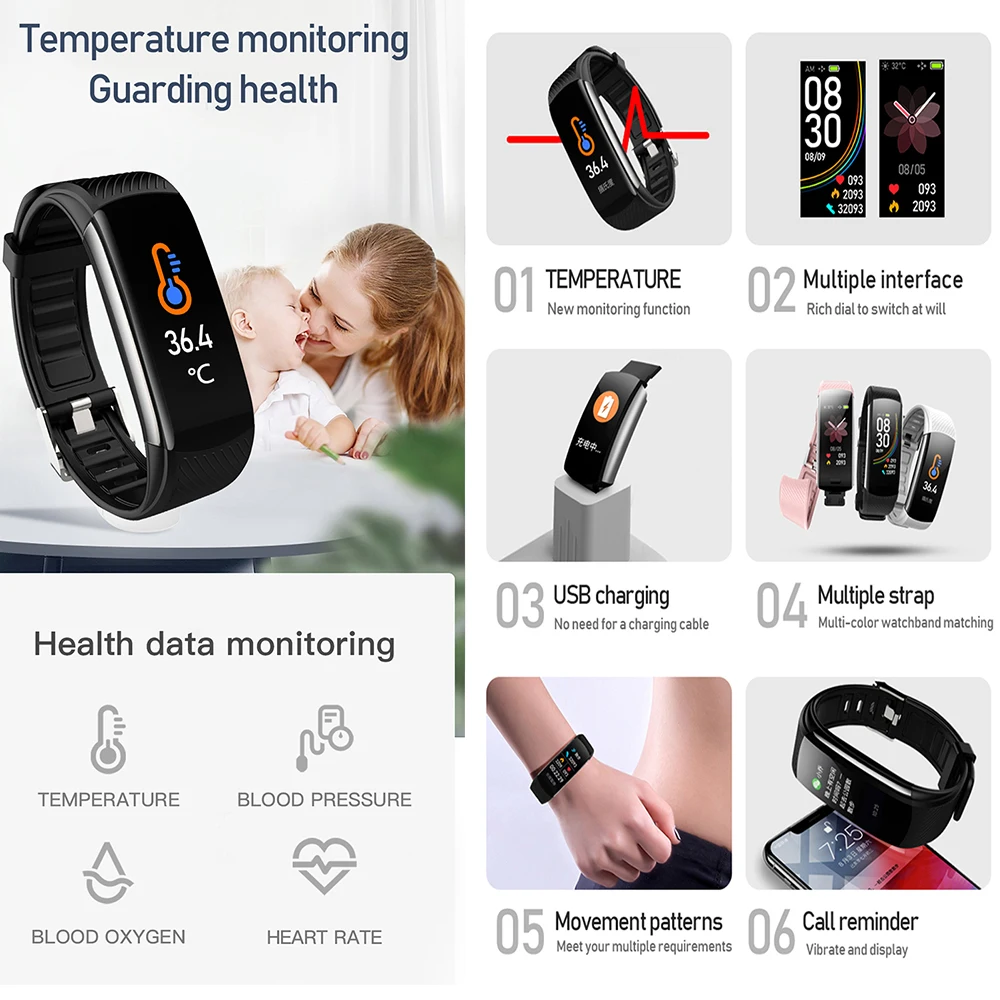 CE Certification C6T Body Temperature Sports Fitness Step Counting Weather  Forcast Call Reminder Smart Bracelet Smart Watch