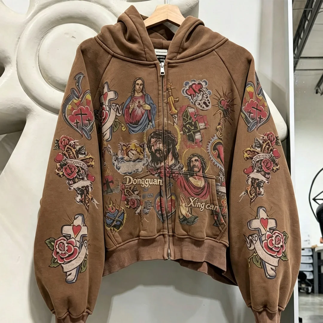 Dostosowana krótką bluzę z kapturem na zamek w stylu starych tatuaży, vintage’owa retro bluza z kapturem na zamek, producent odzieży OEM