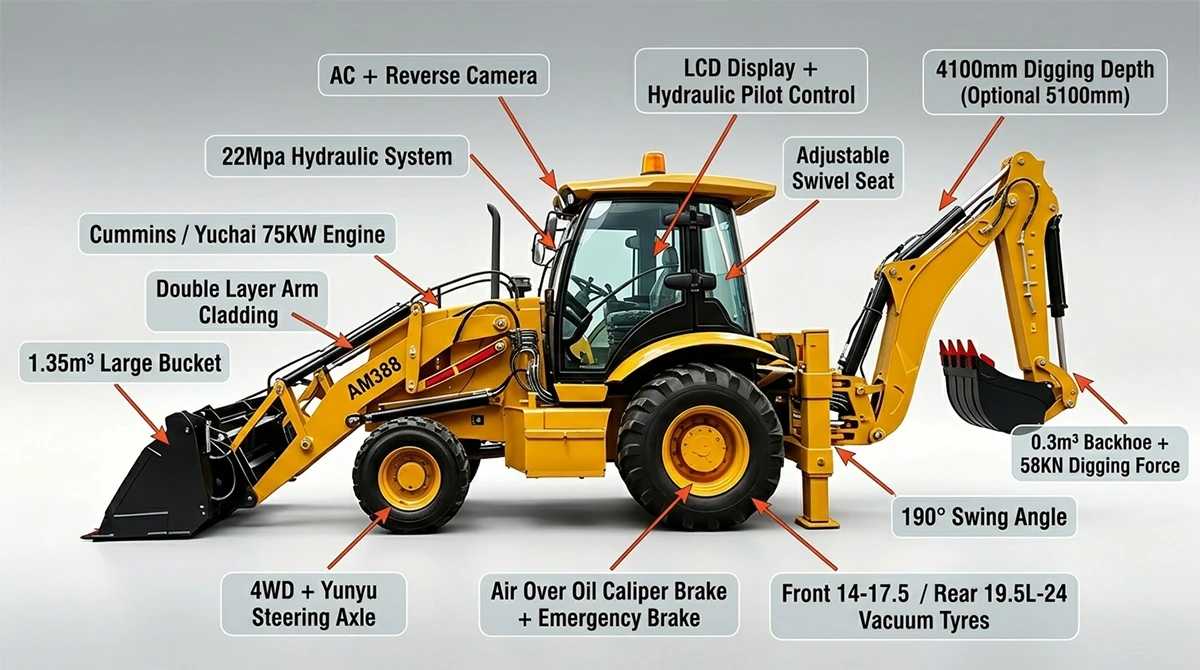Reliable 18.5 Ton CE Certified 4x4 Wheel Loader with Cummins Euro 5 Engine High Power Backhoe Loader for Earth Moving