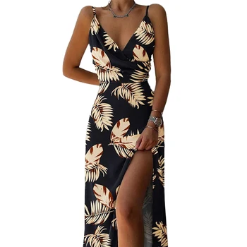 2024 Summer Elegant Halter V Neck Split Print Medium Length Sleeveless Casual Slit Dress For Women