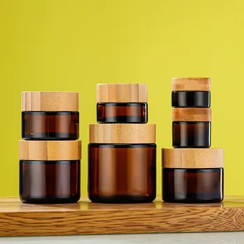 1oz 5g 10g 15g 20g 30g 50g 100g Empty Matte Amber Cosmetic Glass Jar Eye face Cream Frosted Glass Container Bamboo Cap Lid