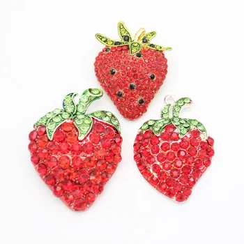 Crystal Strawberry Charm Pendant for Necklace Food Rhinestone  Red Strawberry Brooch Pin For Women