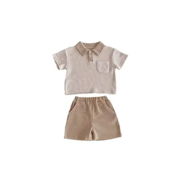 South Korea new boy summer clothing baby leisure suit waffle Peter Pan collar short sleeve T shirt shorts two-piece set