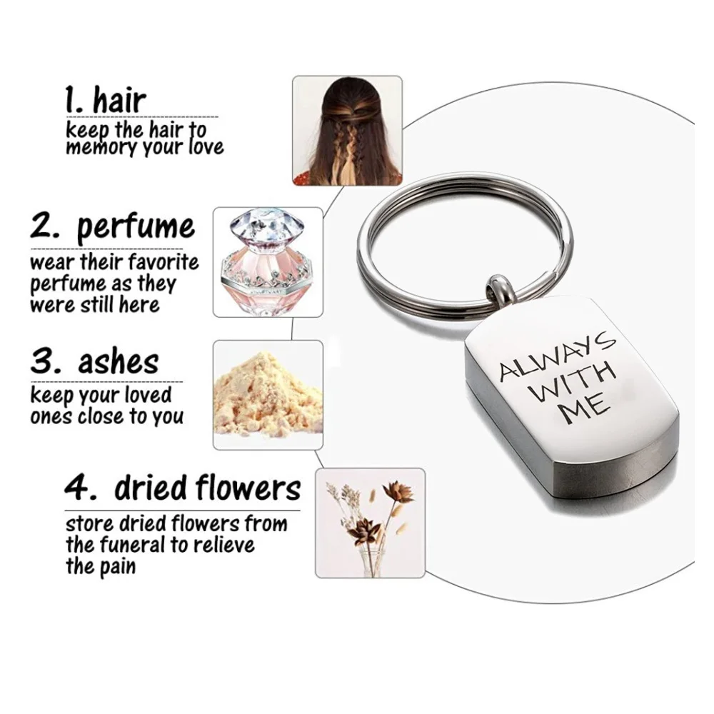 Stainless Steel Engraving Rectangle Pendant KeyChain Cremation Urn KeyRing Memorial for Human Pet Ashes Jewelry Keepsake Gift