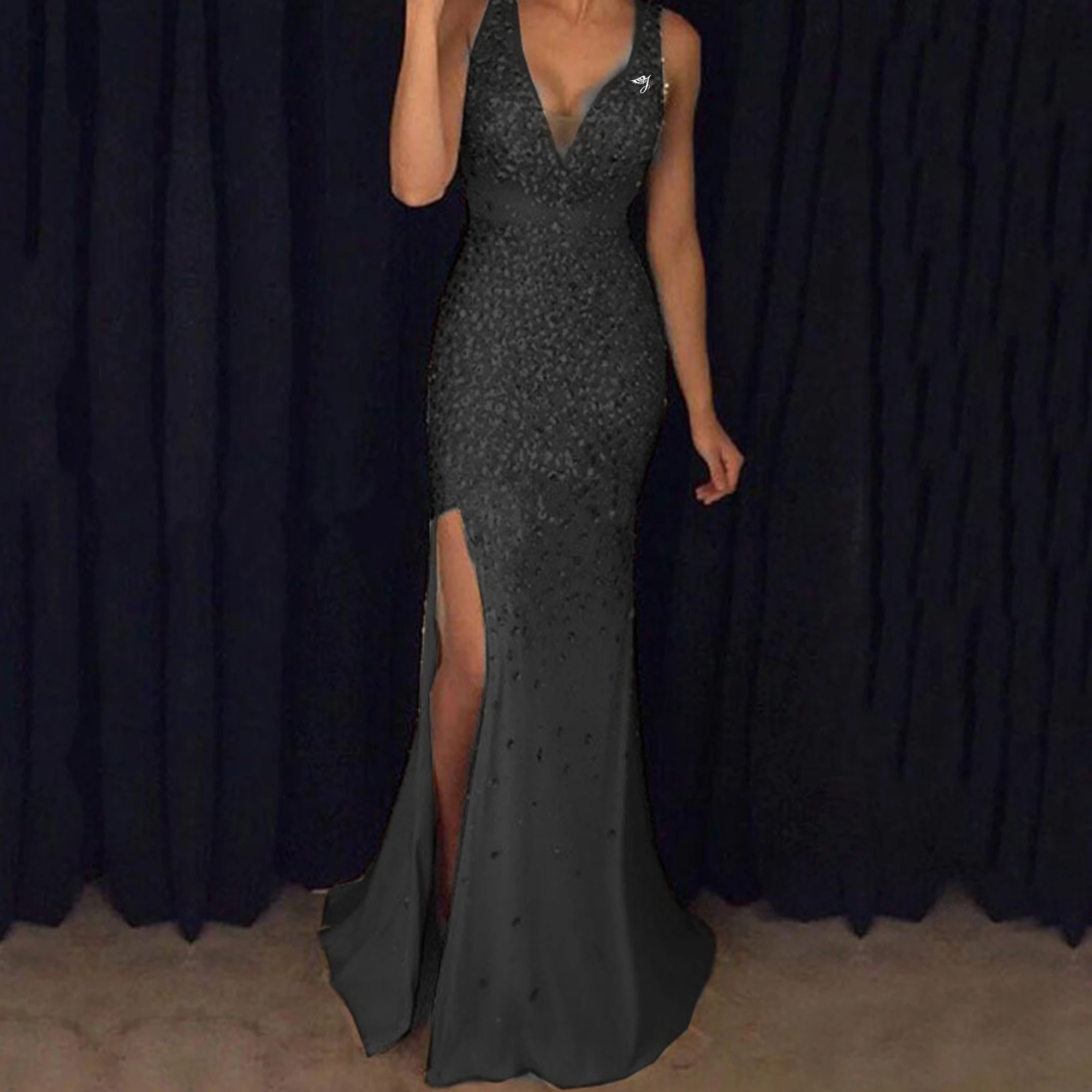 Fast Shipping Wholesale Customized V-Neck Slit Gold Sprinkles Woman Long Open Sexy Boobs Party Night Dress