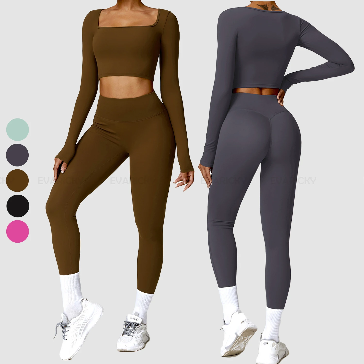 New Tracksuit Long Sleeve Crop Top Gym Fitness Set Running Workout Yoga