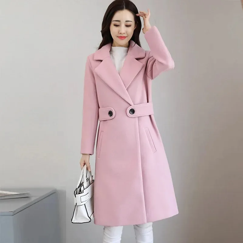 Women Fashion Mid-length Version Wool Lapel Solid Color Plus Size Slim ...