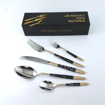 small MOQ black white handle cutlery gold plated 30pcs spoon fork knife set non magnetic cutlery