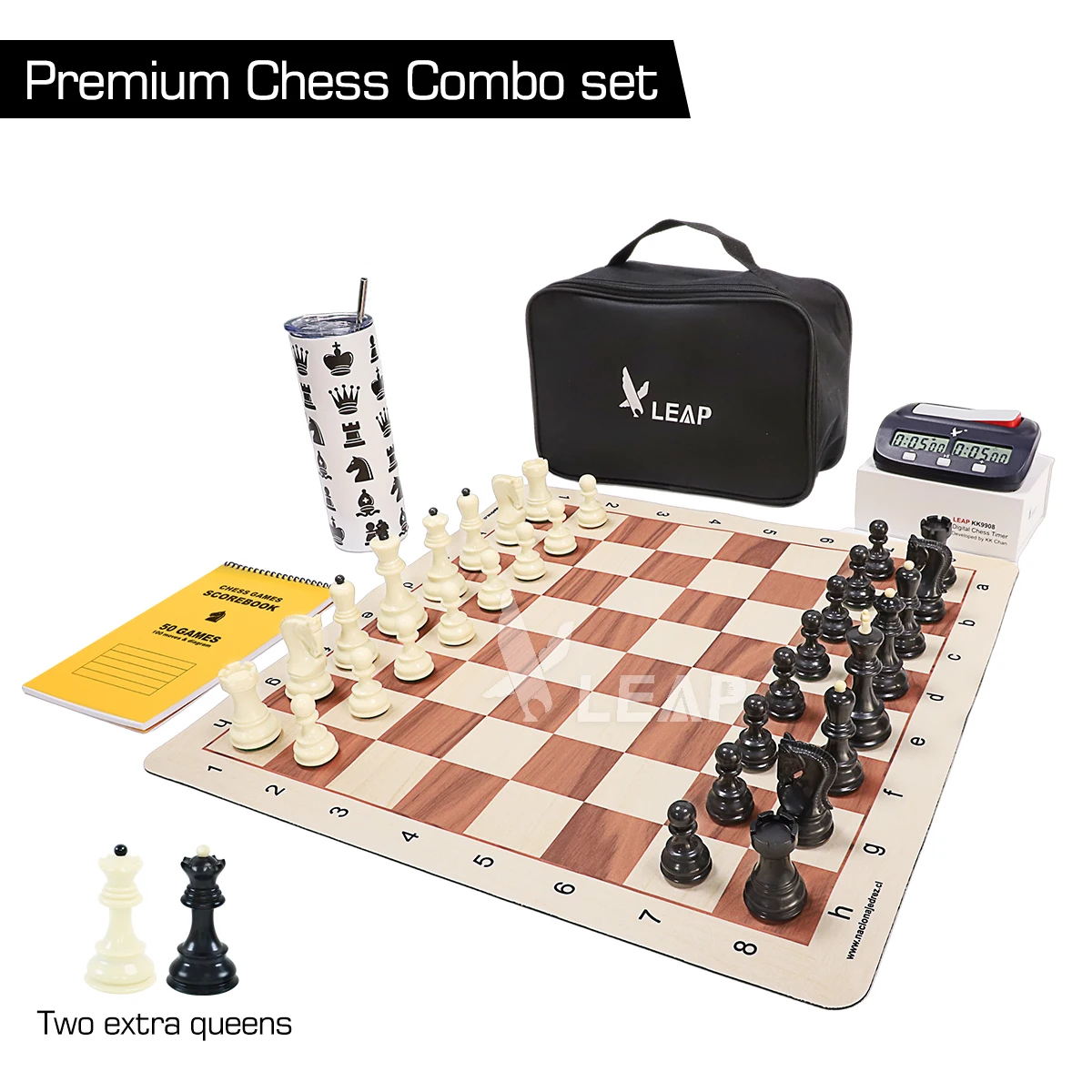 20-Inch Rubber Chessboard with FIDE Digital Clock 9.7cm ABS Triple Weighted Pieces A5 100 Scorebook-Complete Chess Combo Set