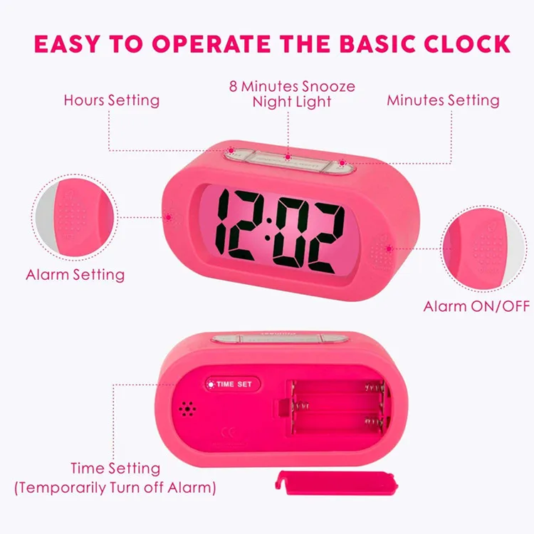 Easy Setting Silicone Protective Cover Digital Silent LCD Large Screen Desk Bedside Alarm Clock with Snooze Light Function
