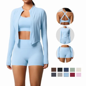 High Quality Solid Color Yoga Sports Bra Hoodie Workout Jacket Shorts Set for Women Pilates Running Gym Yoga Clothes 3 Piece Set