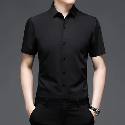Short-Sleeved Shirt Men's Non-Iron Business Casual Pure Color Thin Silky Bamboo Fiber Summer New Clothing