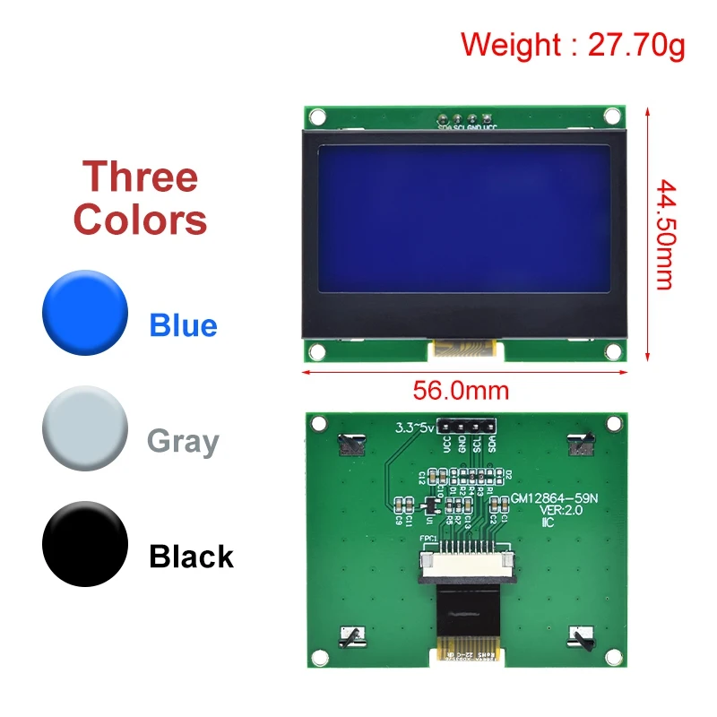 TZT 12864 IIC LCD Module - 128x64 Graphic Display Screen