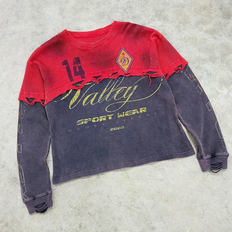 【Raucohouse】Faded washed vintage crack long sleeve Men's Faded waffle hoodie with graphic print | Violet | Diesel