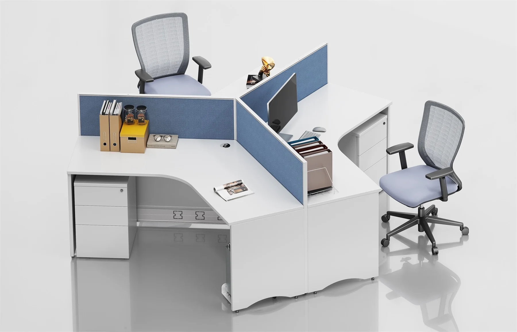 Modular 3/6 Person Office Workstations With Y-Shape Partitions Connection Commercial Furniture Cubicles Panel Wood Style Desk