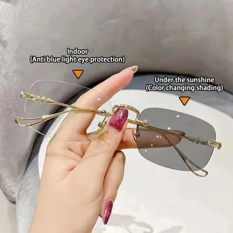 Small Rectangular Frame Anti Blue Light Photochromic Reading Glasses Women Mental Vintage Rimless Eye Protection Spectacles