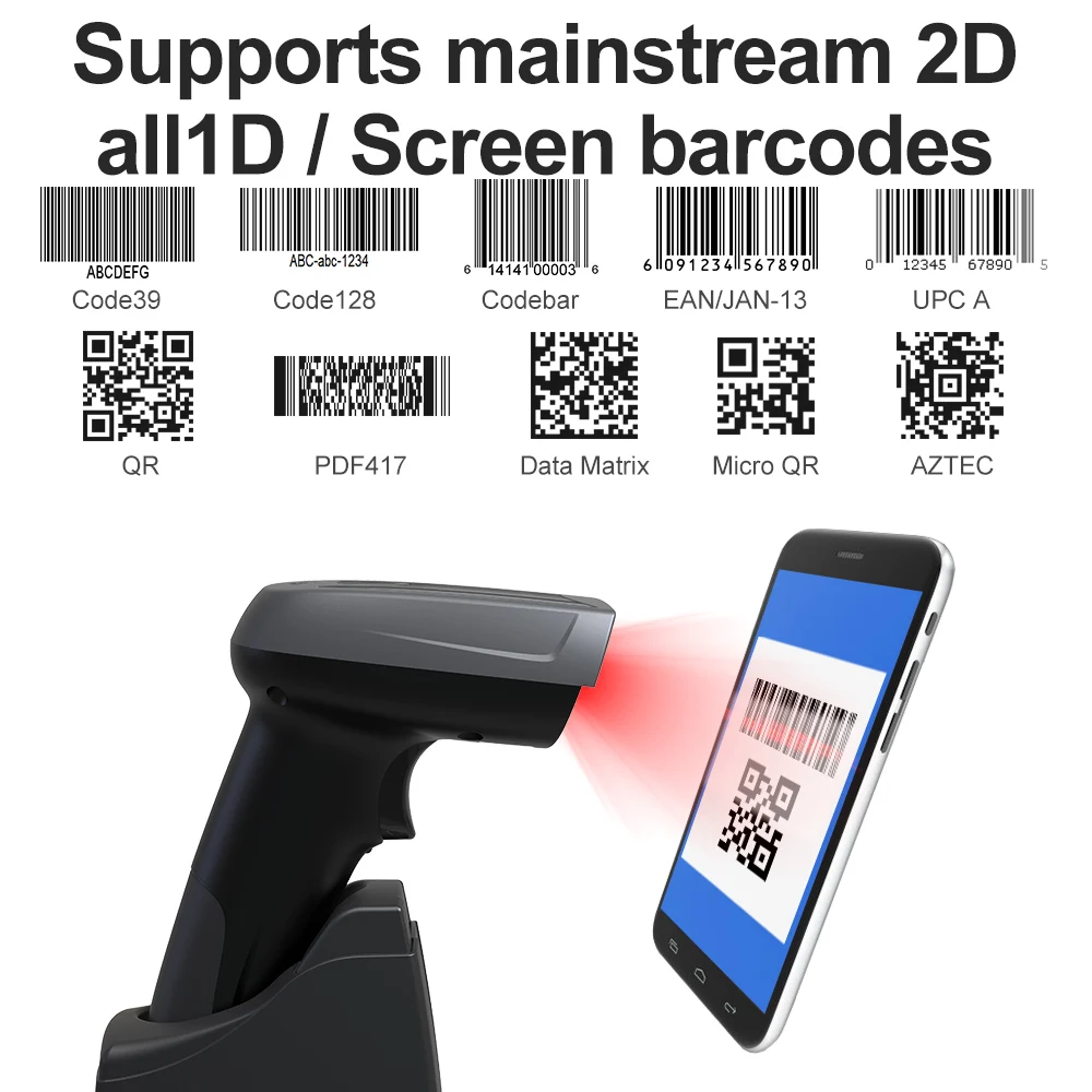 Xincode 2D Wireless Barcode Scanner QR Code Reader CMOS  for Warehouse POS and Computer Wireless Scanner Barcode With Stand