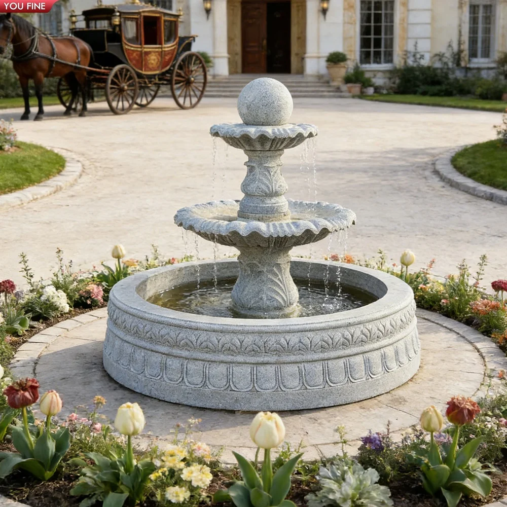 YOUFINE Two-Tier Granite Garden Fountain with Sphere Outdoor Decor for Villa Landscape