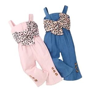 2022 New Design Summer Lovely Kids Clothes Leopard Printed Strap Sleeveless Elastic Waist Flare Pants Outfits Girls Jumpsuits