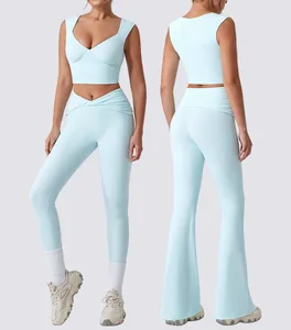 BNICE Custom Logo Women Yoga Pants Flare Leggings Sets Wholesale Gym Pants Sexy Sports Bra Sets for Fitness V Style Leggings