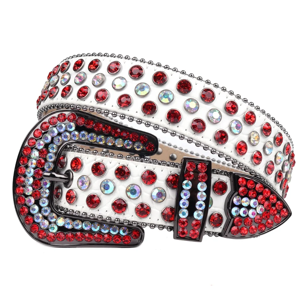 B.B. Simons Red Crocodile Leather Red and White Rhinestone Belt Size 34