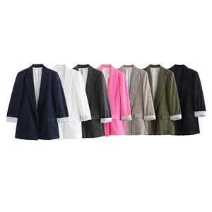 Customize Women's Summer Slim Linen Blazer New Casual Fashion with Rolled Sleeves Versatile