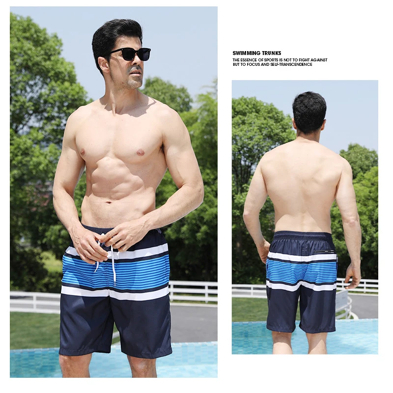 Wholesale stripes design quick dry mens beach pants swim trunks drawstring waist mesh lining board shorts