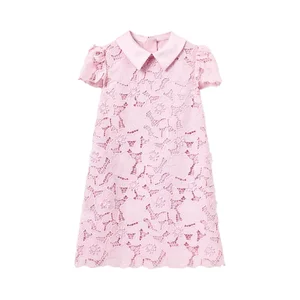 Sweet Summer Solid Red Lace Breathable Dress for Girls Princess Toddler Casual Wear with Square Collar and Ruffle Decoration