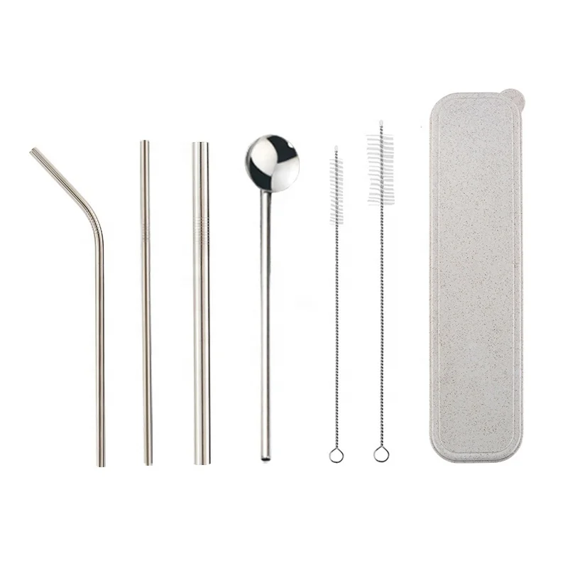 Multiple sizes portable box metal reusable drinking straws 304 stainless steel straw with spoon