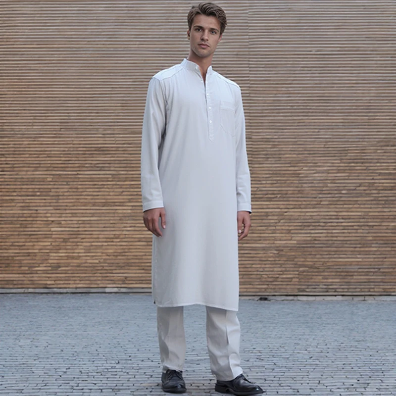 2025 New Men's Arabic Abaya Set	Muslim Islamic Prayer Dress White Long Sleeve Robe