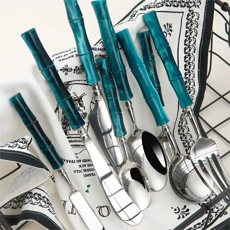 New Unique Resin Bamboo Handle Silverware Fork Knife Spoon Spreader Stainless Steel Bamboo Cutlery Set