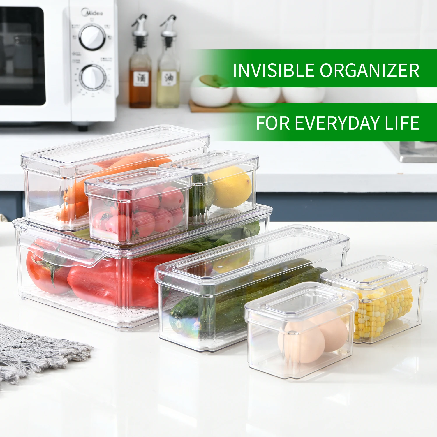 Reusable Refrigerator Organizer Bins Transparent PET Stackable Food Refrigerator Storage Box Container Set