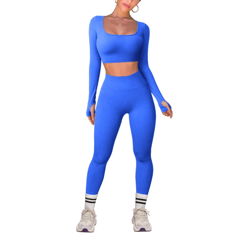 Workout Outfits For Women 2 Piece Ribbed Exercise Long Sleeve Tops High