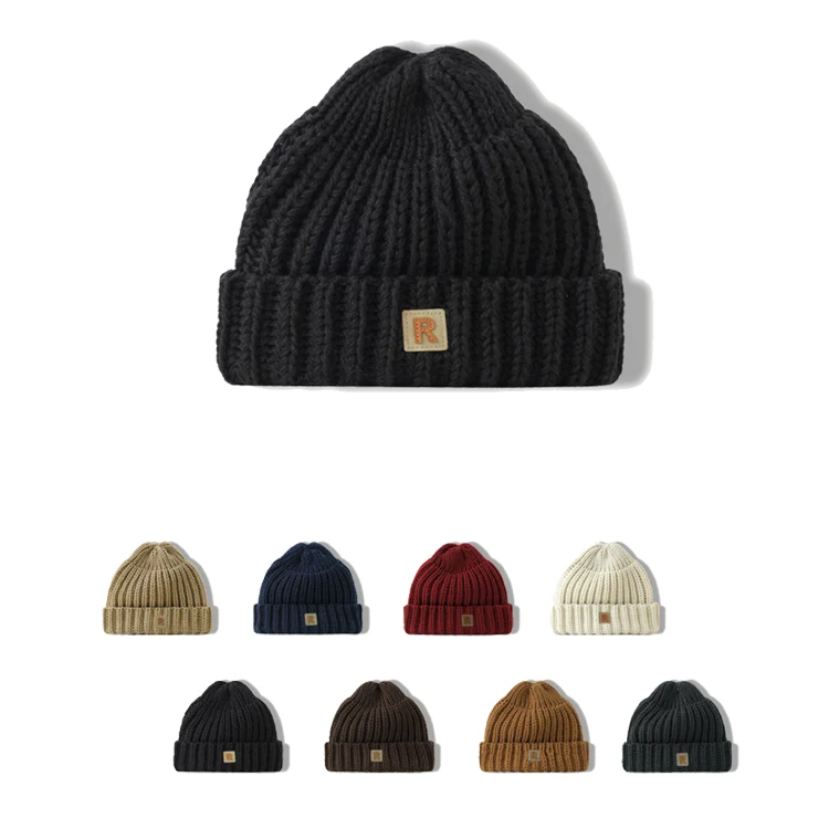 Wholesale Custom Wool Adult Beanie Hat Knitted Fitted Design with Leather Patch 3D Embroidery Technique