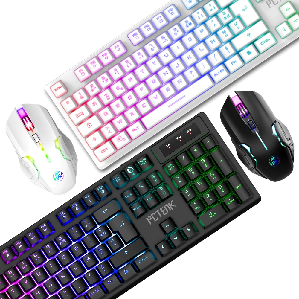 PCTENK XD82R Professionals Wireless LED Gaming Keyboard Mouse Combo Mini Rainbow Backlit Waterproof 4800 DPI Gamer Desktop Set