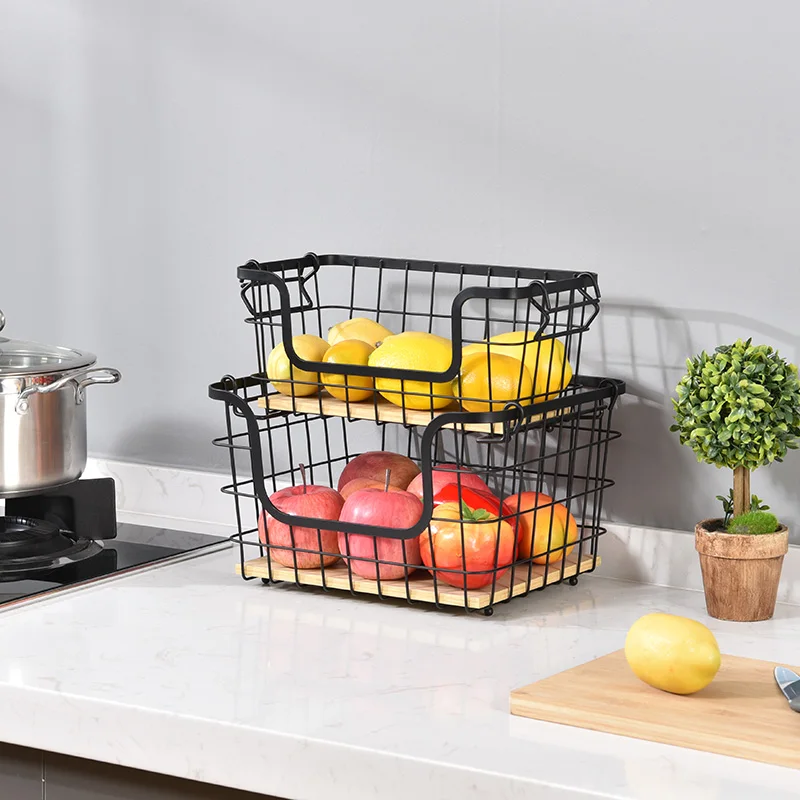WIREKING 2 Pack Stackable Wire Storage Baskets Pantry Organization and Storage Wire Organizing Basket With Handle