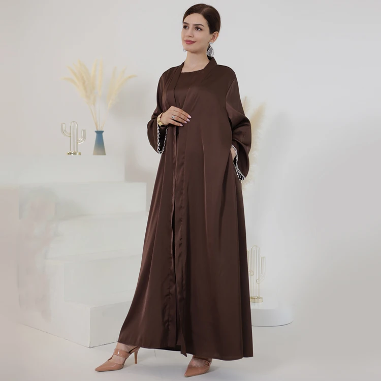 Elegant Muslim Silk Open Abaya Dresses Cardigan Kimono Long Robe Solid Color Beaded Dress Gown Jubah EID Arab Islamic Clothing