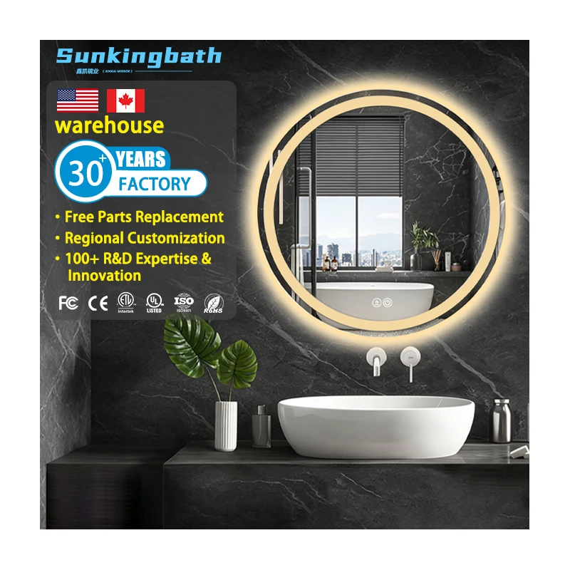 Apartment Dimmable Round Bath  Mirror Ip44 Anti-Fog Circle Smart Led Mirror Touch Screen Bathroom Mirror with LED Light