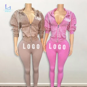 Huili Solid Color Blank Outfits Custom logo Two Piece Vintage Activewear Y2k Acid Wash Zip up Hooded & Leggings Women Hoodie Set