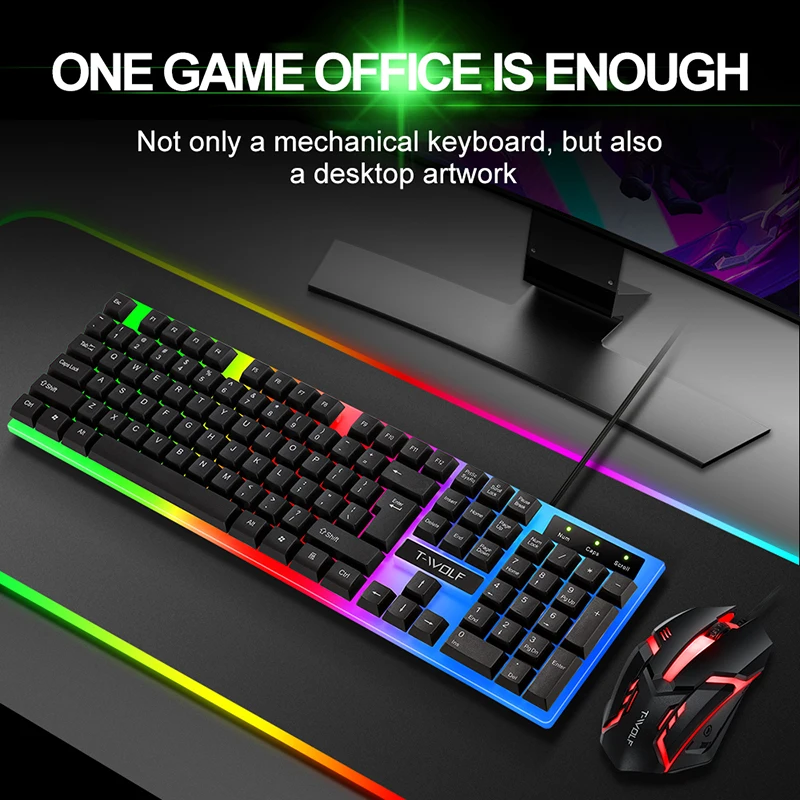 Wholesale T-WOLF TF230 Russian Arabic Led Gaming Keyboard Mouse Combos Wired Backlit Gam aperçu 3