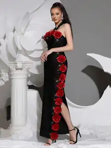 Bettergirl 2026 New Fashion 3D Floral Black Long Dress Party Holiday Elegant Bandage Dress