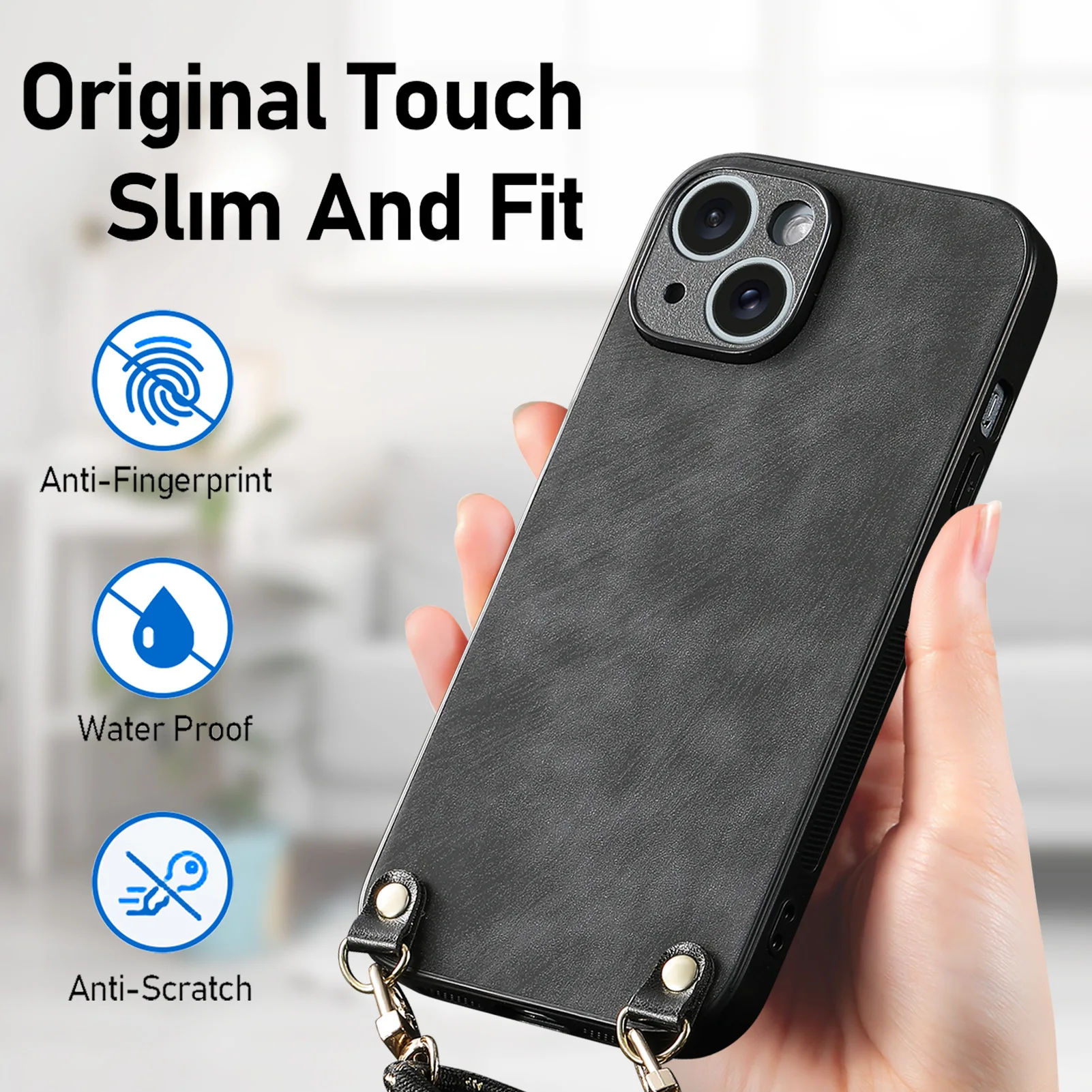 Shockproof Chain Crossbody Plain Leather Case With Wrist Strap And Lanyard For IPhone 17 AIR 16E 15 Pro Max_voghion.com