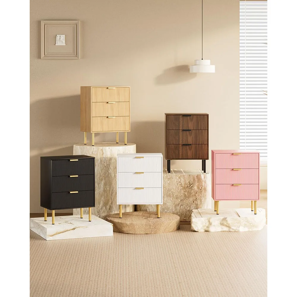 Modern Gold Frame Nightstand with 3 Storage Drawers Tall Bedside Table for Bedroom & Living Room MDF End Table Furniture factory