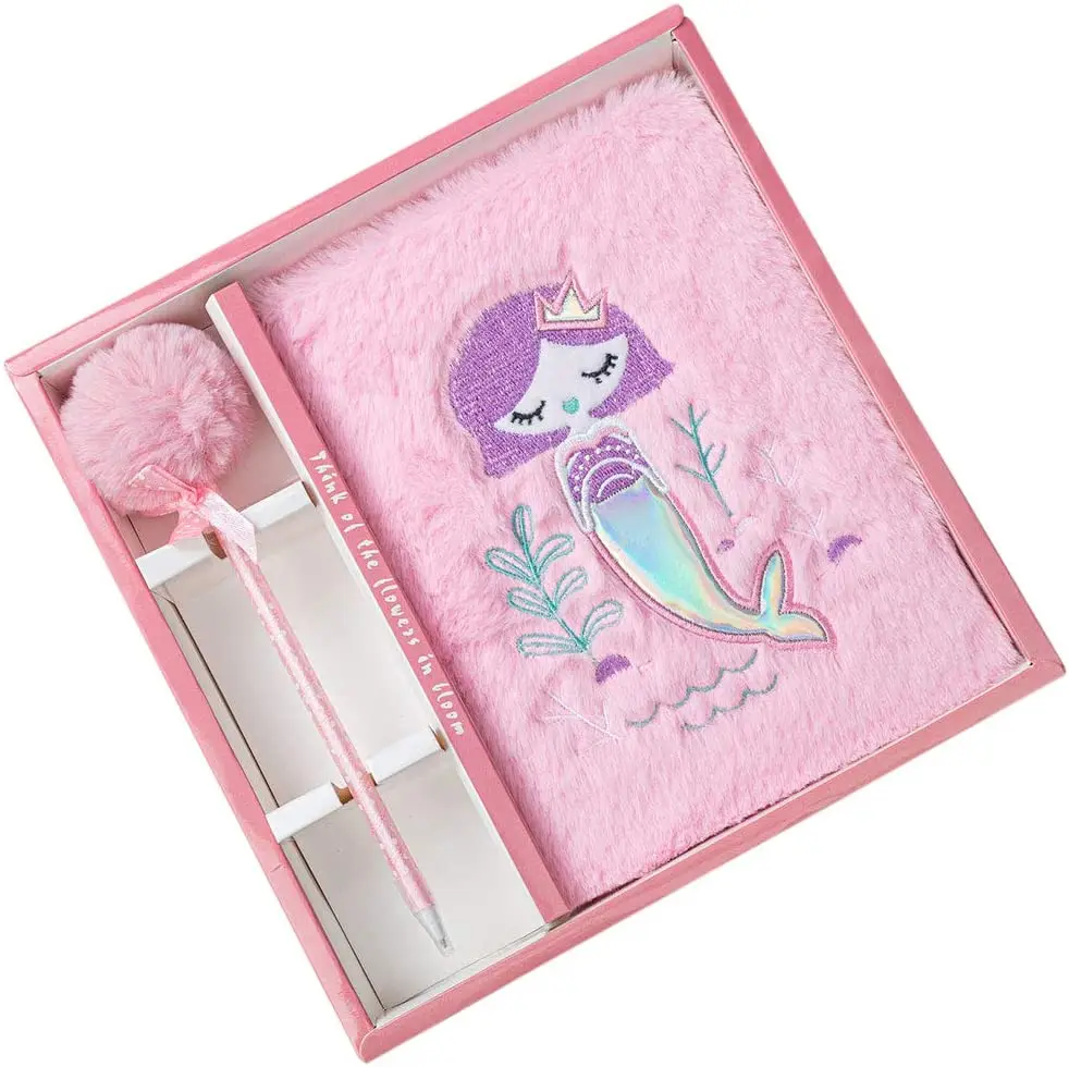 product faux fur plush diary pop it notebook journal set with pom pen kids school stationery set-4
