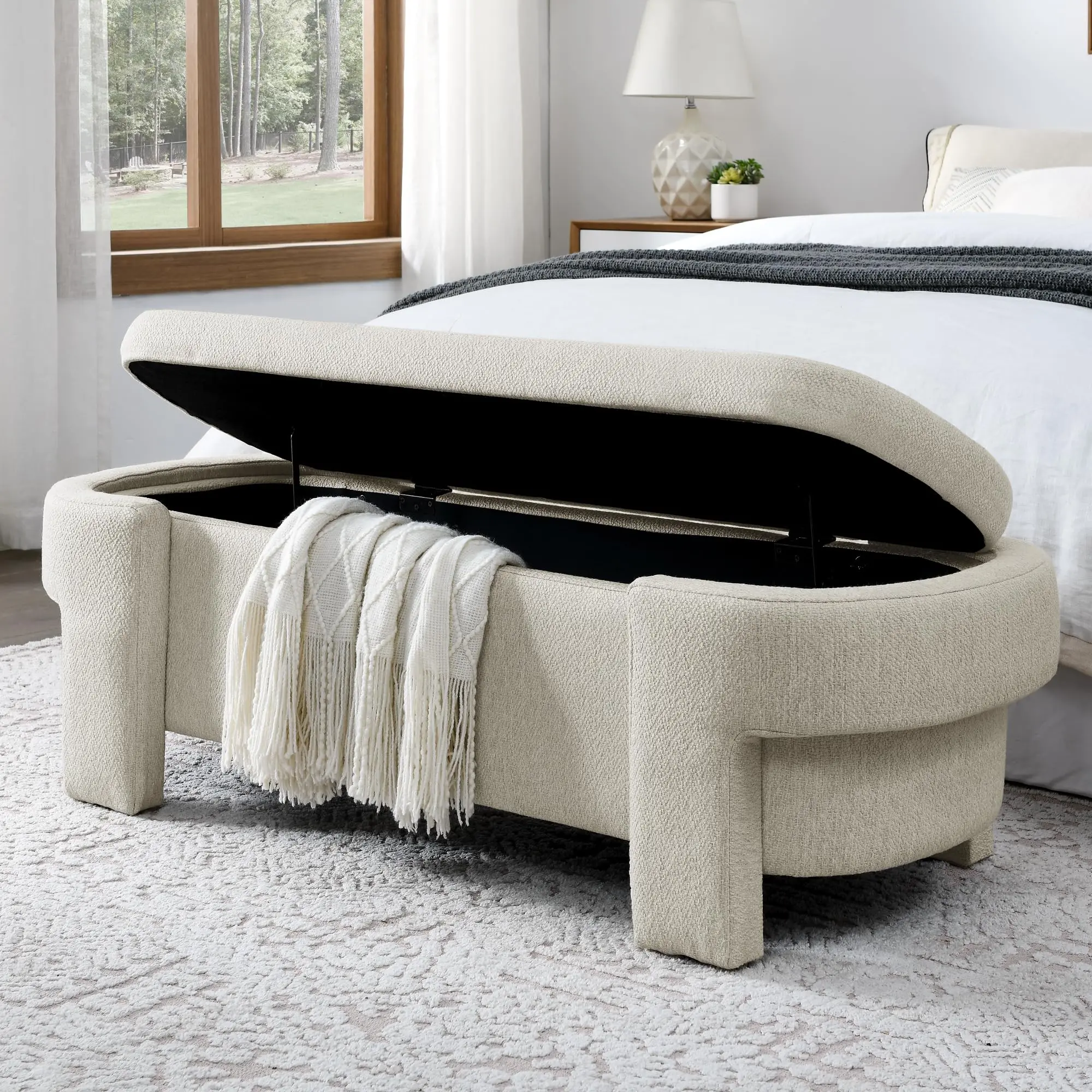 Oval Storage Bench Upholstered Ottoman with Hinges for Living Room