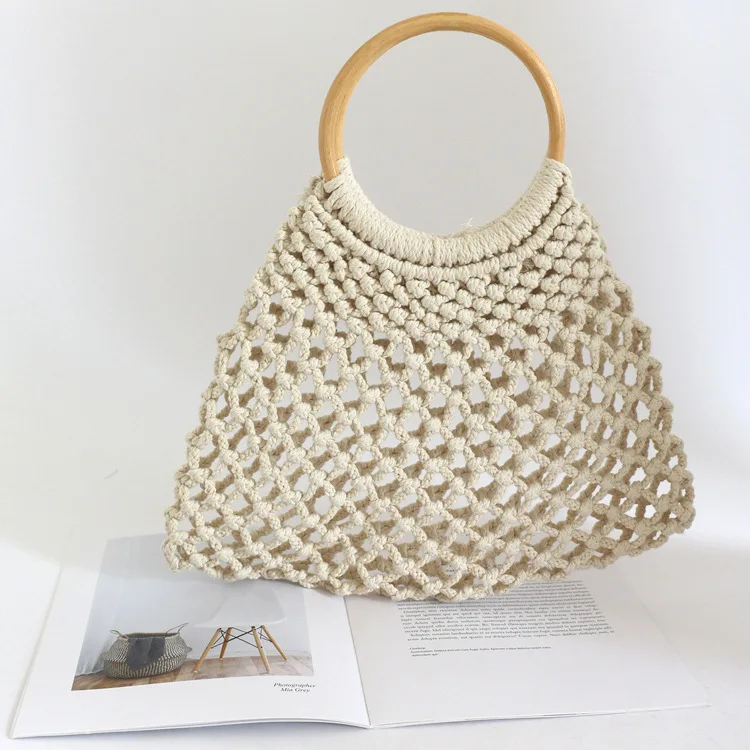 Cotton Fabric Crochet Woven Tote Bag with Wood Handles - China