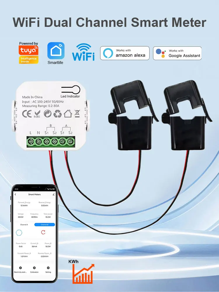 Tuya WiFi Smart Energy Meter Bidirectional Two Way 1/ 2 Channel with ...